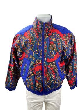 Vintage Sports Accent Blue Floral Geometric Full Zip Windbreaker Jacket Size S
